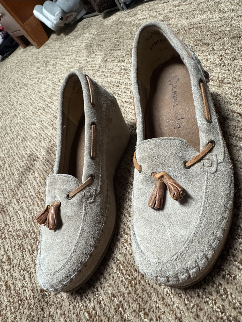 Women's Suede Tassel Wedge Loafers in Light Taupe